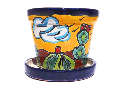 MEXTEQUIL - Talavera Mexican Pottery Planters with Saucer 4" Rancherito - Cactus - Sun Pot Hand Painted Ceramic Plant Pot Planter Indoor Outdoor (Rancherito) - MEXTEQUIL: MEXICRAFT IMPORTS LLC