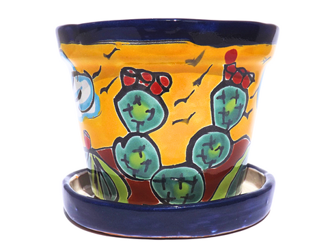 MEXTEQUIL - Talavera Mexican Pottery Planters with Saucer 4" Rancherito - Cactus - Sun Pot Hand Painted Ceramic Plant Pot Planter Indoor Outdoor (Rancherito) - MEXTEQUIL: MEXICRAFT IMPORTS LLC