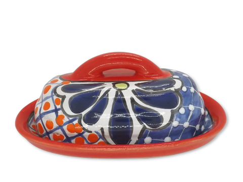 Butter Dish Ceramic Talavera with Lid Hand Painted (Red)