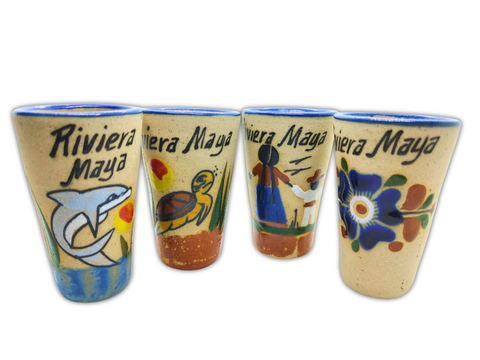 Ceramic Tequila Shot Glasses - Set of 4 - 2 Oz - Beach Collection (Riviera Maya) - MEXTEQUIL: MEXICRAFT IMPORTS LLC