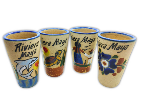 Ceramic Tequila Shot Glasses - Set of 4 - 2 Oz - Beach Collection (Riviera Maya) - MEXTEQUIL: MEXICRAFT IMPORTS LLC