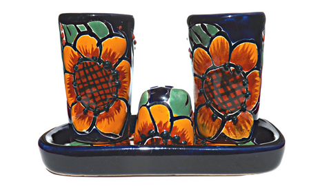 Talavera Set of 2 Shot Glasses, Salt & Tray - 2 Oz (Sunflower) - MEXTEQUIL: MEXICRAFT IMPORTS LLC