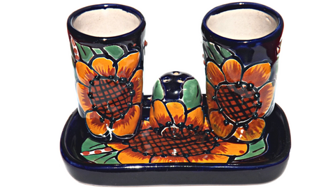 Talavera Set of 2 Shot Glasses, Salt & Tray - 2 Oz (Sunflower) - MEXTEQUIL: MEXICRAFT IMPORTS LLC