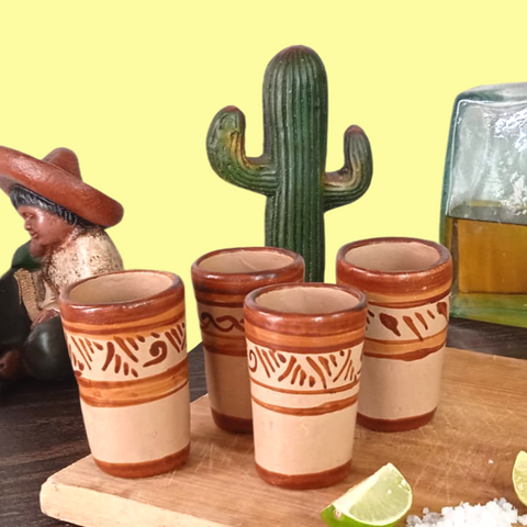 Terracotta Shot Glasses - Set of 4 - 2 Oz (Flourishes) - MEXTEQUIL: MEXICRAFT IMPORTS LLC