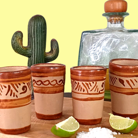 Terracotta Shot Glasses - Set of 4 - 2 Oz (Flourishes) - MEXTEQUIL: MEXICRAFT IMPORTS LLC