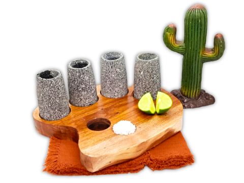 MEXTEQUIL - Tequila Tray of Wooden Tray for 4 Shot Glasses (Without Shot Glasses) - MEXTEQUIL: MEXICRAFT IMPORTS LLC