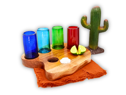 MEXTEQUIL - Tequila Tray of Wooden Tray for 4 Shot Glasses (Without Shot Glasses) - MEXTEQUIL: MEXICRAFT IMPORTS LLC