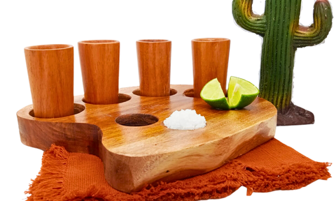 MEXTEQUIL - Tequila Tray of Wooden Tray for 4 Shot Glasses (Without Shot Glasses) - MEXTEQUIL: MEXICRAFT IMPORTS LLC