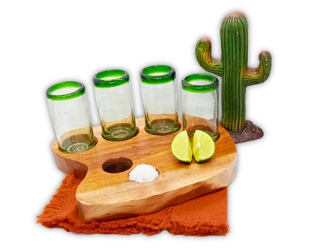 MEXTEQUIL - Tequila Tray of Wooden Tray for 4 Shot Glasses (Without Shot Glasses) - MEXTEQUIL: MEXICRAFT IMPORTS LLC