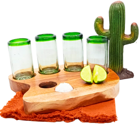 MEXTEQUIL - Tequila Tray of Wooden Tray for 4 Shot Glasses (Without Shot Glasses) - MEXTEQUIL: MEXICRAFT IMPORTS LLC