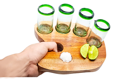 MEXTEQUIL - Tequila Tray of Wooden Tray for 4 Shot Glasses (Without Shot Glasses) - MEXTEQUIL: MEXICRAFT IMPORTS LLC