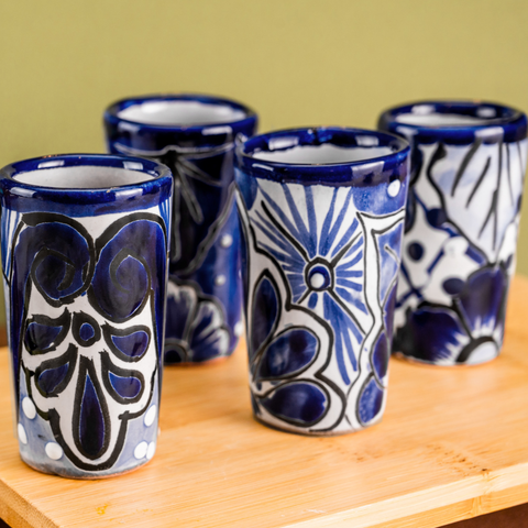 Talavera Shot Glasses - Set of 4 - 2 Oz (Classic Blue) - MEXTEQUIL: MEXICRAFT IMPORTS LLC