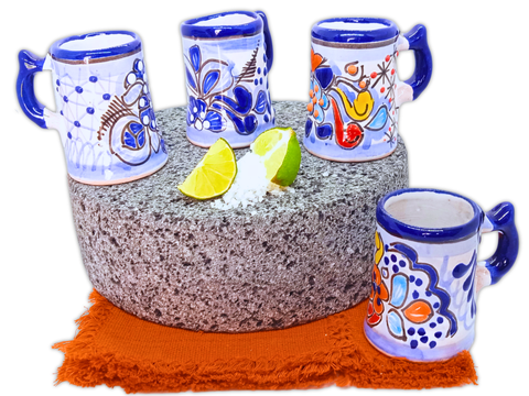 Talavera Shot Glasses - Set of 4 - 2 Oz (Blue/Flowers w/Handle) - MEXTEQUIL: MEXICRAFT IMPORTS LLC