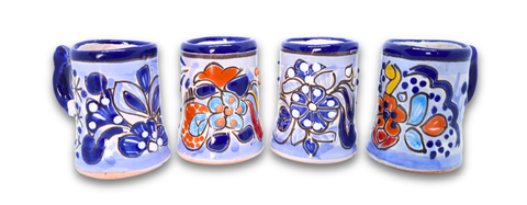 Talavera Shot Glasses - Set of 4 - 2 Oz (Blue/Flowers w/Handle) - MEXTEQUIL: MEXICRAFT IMPORTS LLC