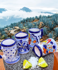 Talavera Shot Glasses - Set of 4 - 2 Oz (Blue/Flowers w/Handle) - MEXTEQUIL: MEXICRAFT IMPORTS LLC