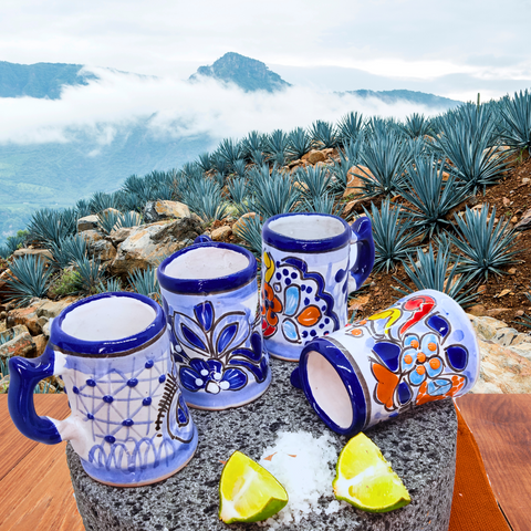 Talavera Shot Glasses - Set of 4 - 2 Oz (Blue/Flowers w/Handle) - MEXTEQUIL: MEXICRAFT IMPORTS LLC