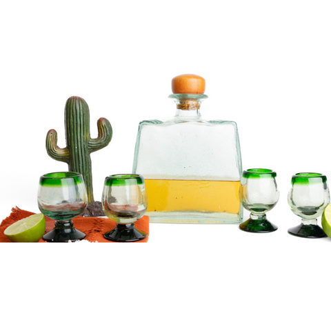 Mini Glass Snifters Hand Blown Shot Glasses - Set of 4 - 2 oz (Green Rim) - MEXTEQUIL: MEXICRAFT IMPORTS LLC