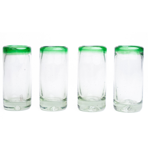 Hand Blown Shot Glasses - Set of 4 - 2 Oz (Green Rim) - MEXTEQUIL: MEXICRAFT IMPORTS LLC