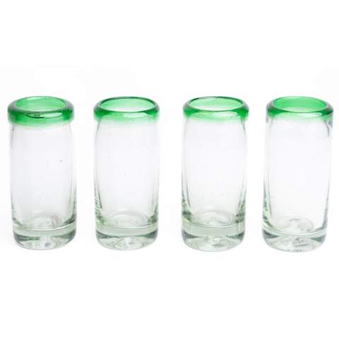 Hand Blown Shot Glasses - Set of 4 - 2 Oz (Green Rim) - MEXTEQUIL: MEXICRAFT IMPORTS LLC