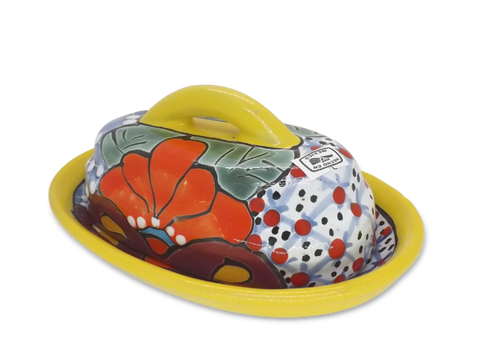 Butter Dish Ceramic Talavera with Lid Hand Painted (Yellow) - MEXTEQUIL: MEXICRAFT IMPORTS LLC