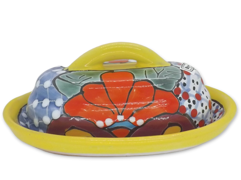 Butter Dish Ceramic Talavera with Lid Hand Painted (Yellow) - MEXTEQUIL: MEXICRAFT IMPORTS LLC